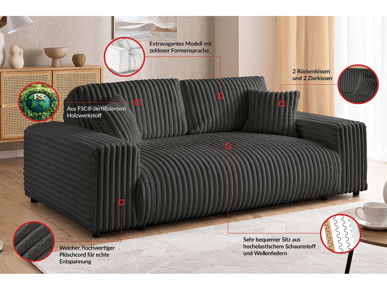 Canapé 2 places en velours côtelé pelucheux gris foncé offrant un agréable confort d’assise MOLLIS