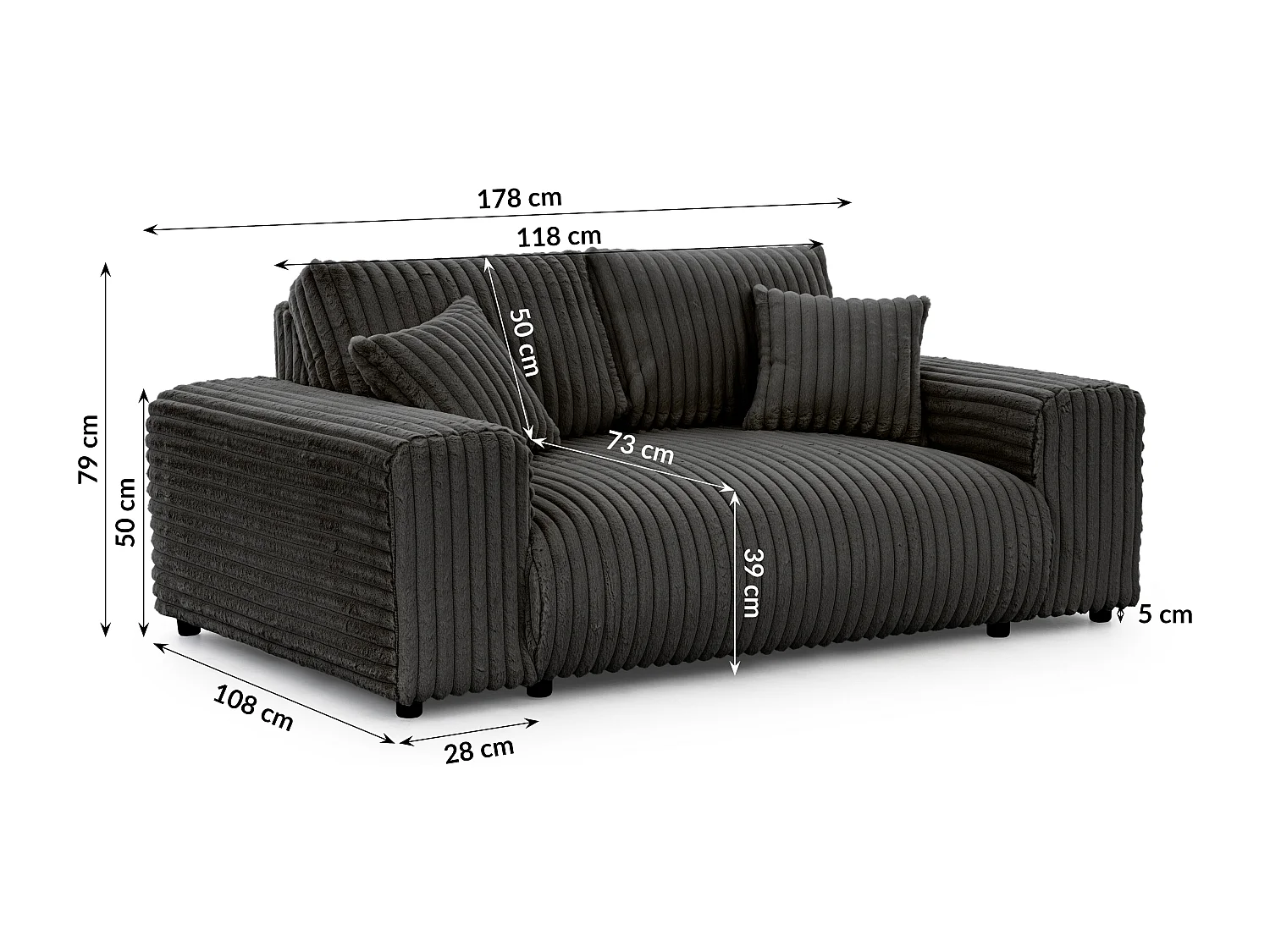 Canapé 2 places en velours côtelé pelucheux gris foncé offrant un agréable confort d’assise MOLLIS