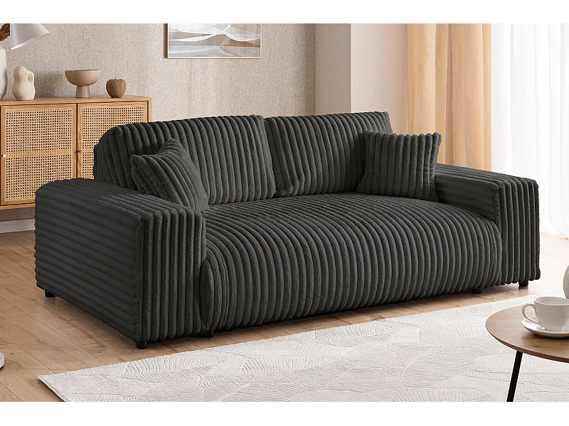 Canapé 2 places en velours côtelé pelucheux gris foncé offrant un agréable confort d’assise MOLLIS