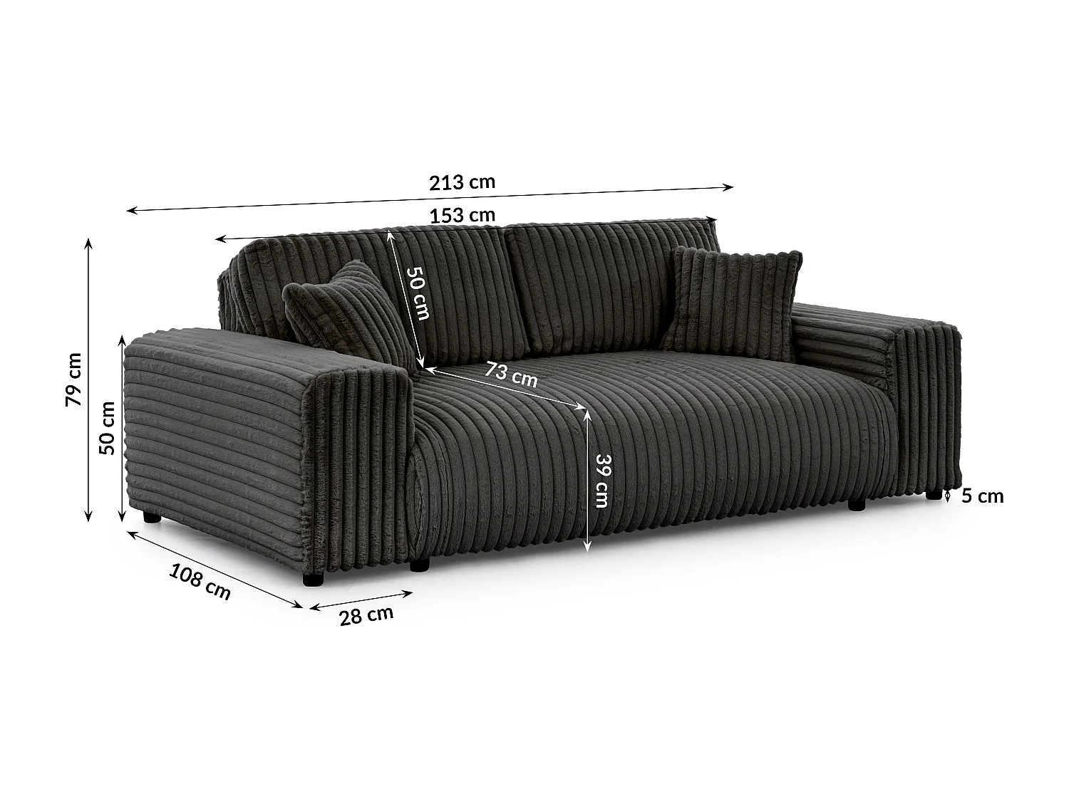 Canapé 3 places en velours côtelé pelucheux gris foncé offrant un agréable confort d’assise MOLLIS