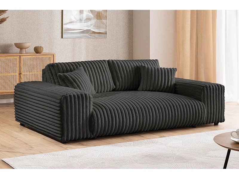 Canapé 3 places en velours côtelé pelucheux gris foncé offrant un agréable confort d’assise MOLLIS