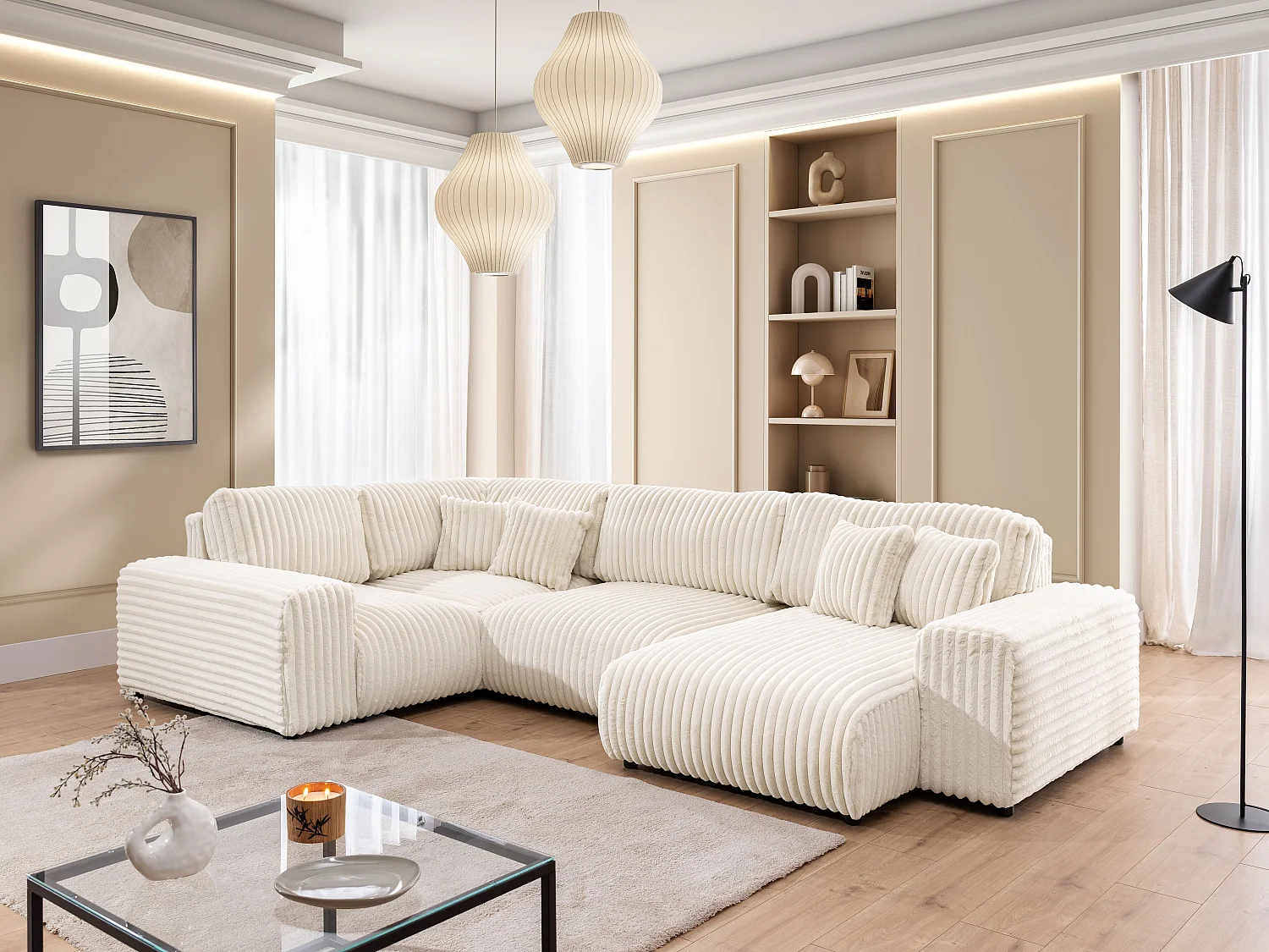 Canapé panoramique XXL avec fonction couchage et coffre de rangement en velours côtelé pelucheux beige clair MOLLIS