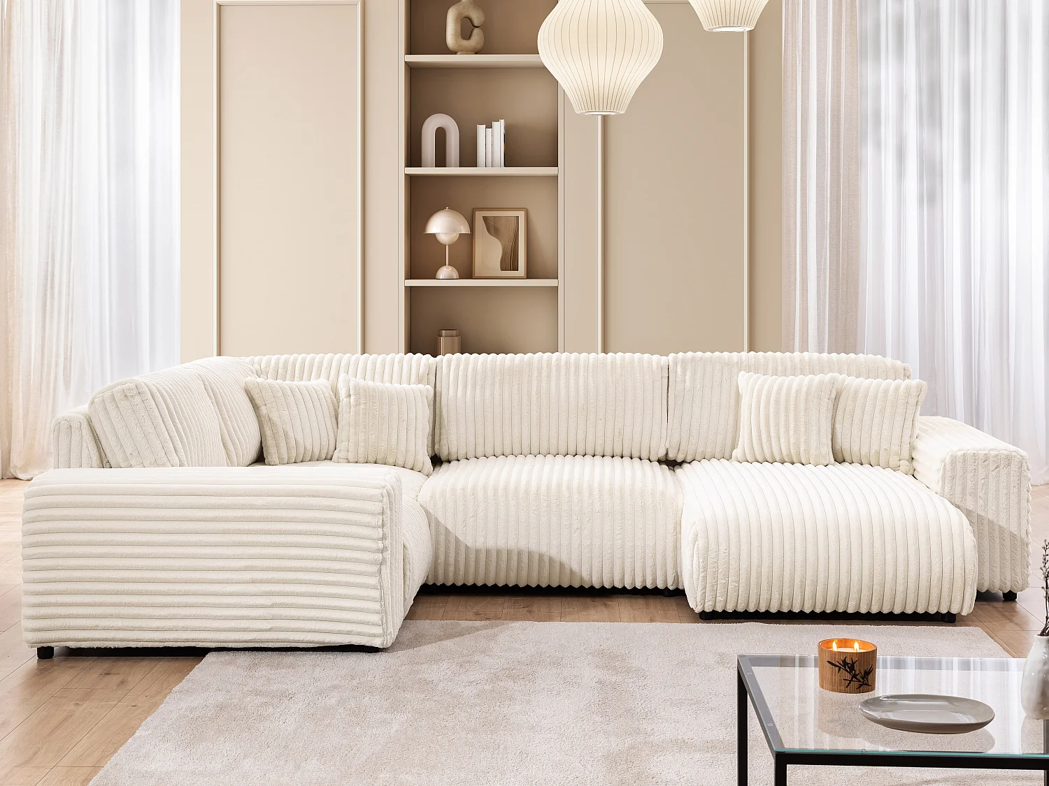 Canapé panoramique XXL avec fonction couchage et coffre de rangement en velours côtelé pelucheux beige clair MOLLIS