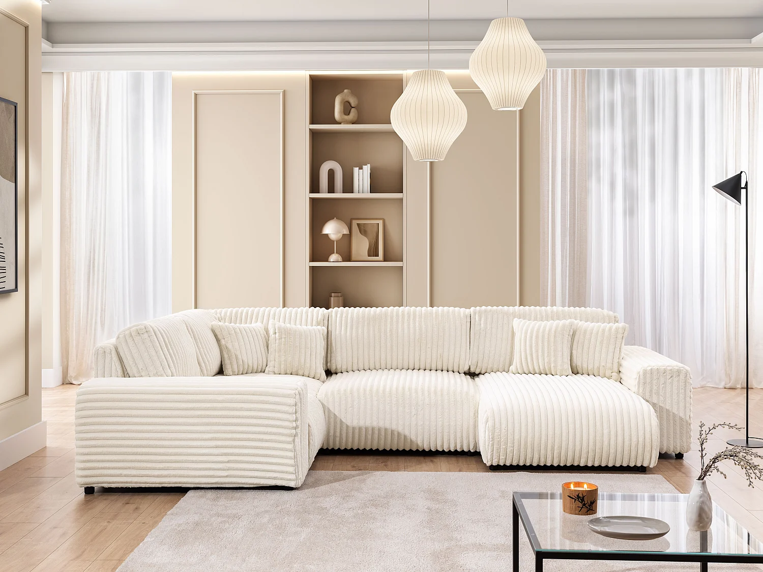 Canapé panoramique XXL avec fonction couchage et coffre de rangement en velours côtelé pelucheux beige clair MOLLIS