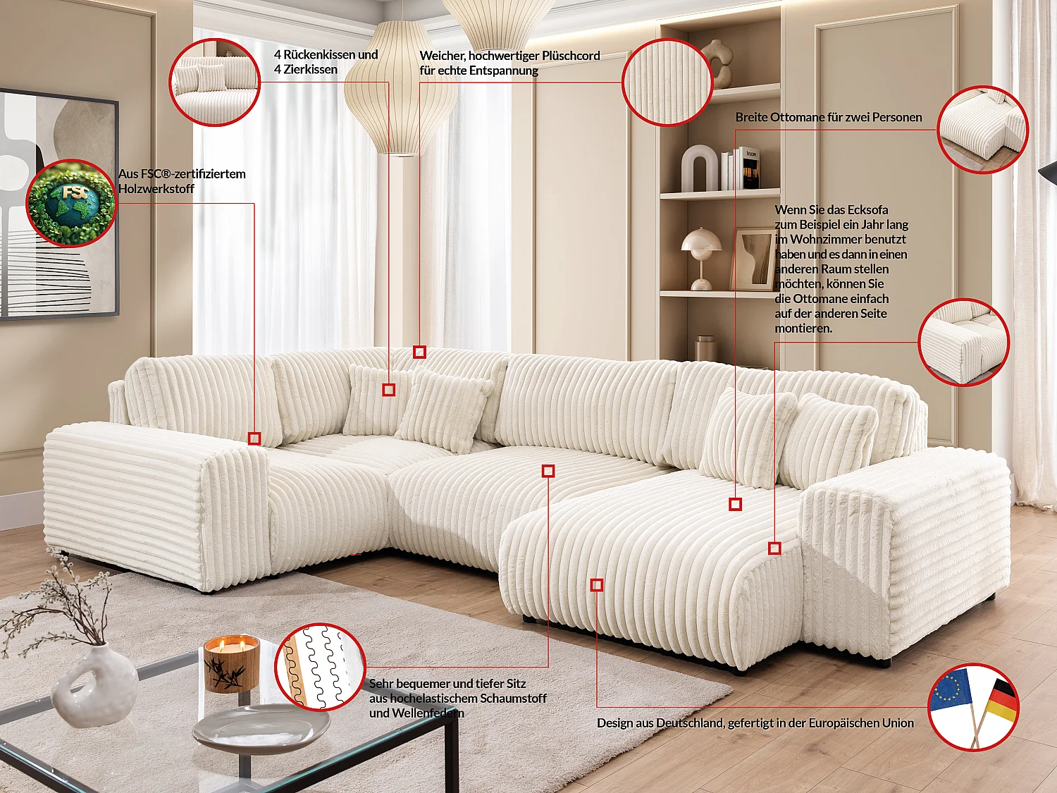 Canapé panoramique XXL avec fonction couchage et coffre de rangement en velours côtelé pelucheux beige clair MOLLIS