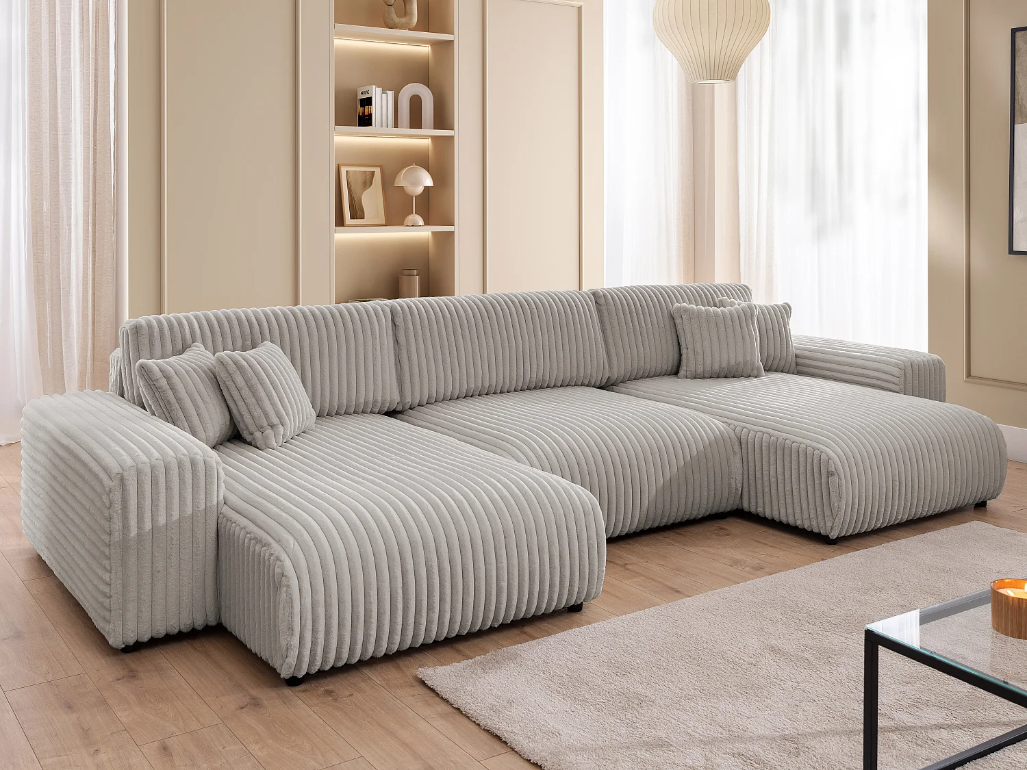 Canapé panoramique avec fonction couchage et coffre de rangement en velours côtelé pelucheux gris clair MOLLIS