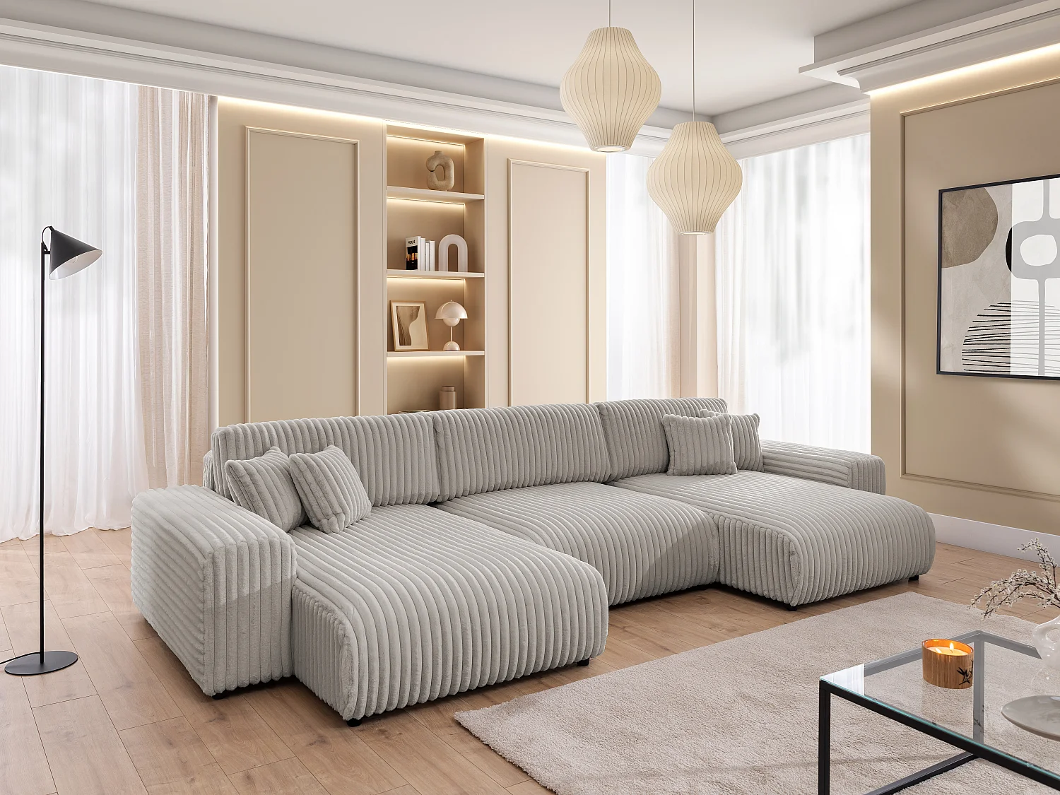 Canapé panoramique avec fonction couchage et coffre de rangement en velours côtelé pelucheux gris clair MOLLIS