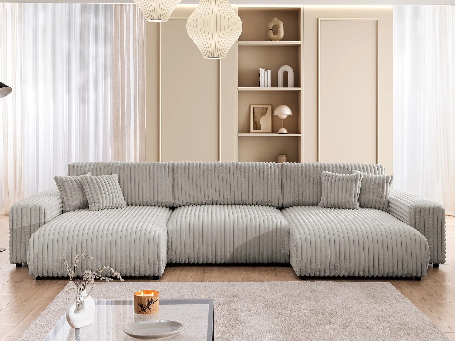 Canapé panoramique avec fonction couchage et coffre de rangement en velours côtelé pelucheux gris clair MOLLIS