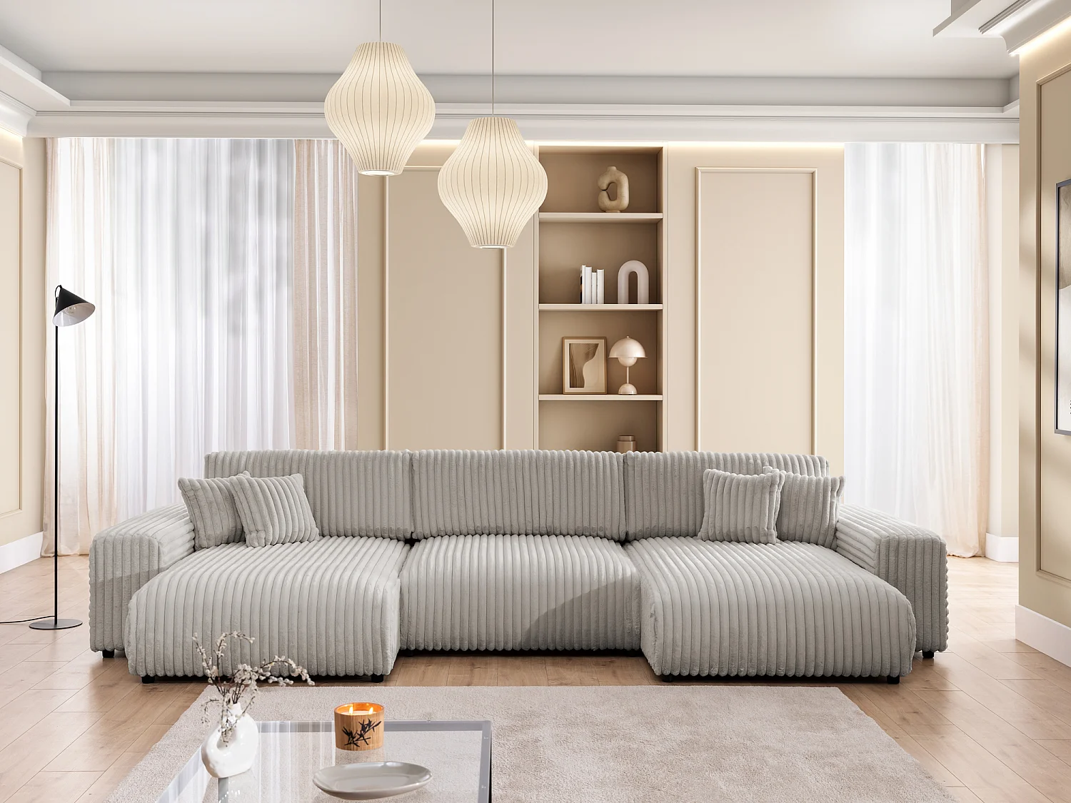 Canapé panoramique avec fonction couchage et coffre de rangement en velours côtelé pelucheux gris clair MOLLIS