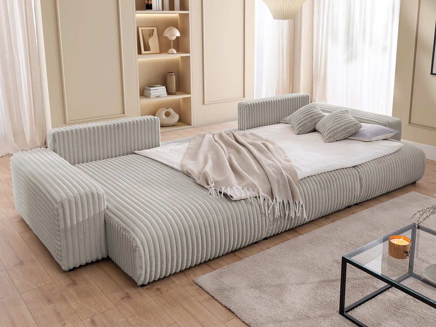 Canapé panoramique avec fonction couchage et coffre de rangement en velours côtelé pelucheux gris clair MOLLIS