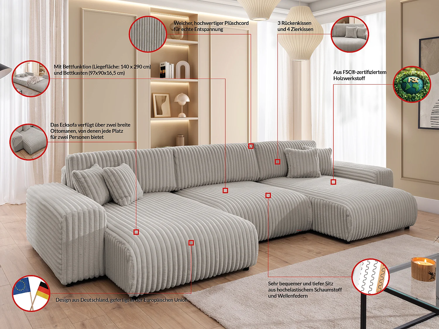 Canapé panoramique avec fonction couchage et coffre de rangement en velours côtelé pelucheux gris clair MOLLIS