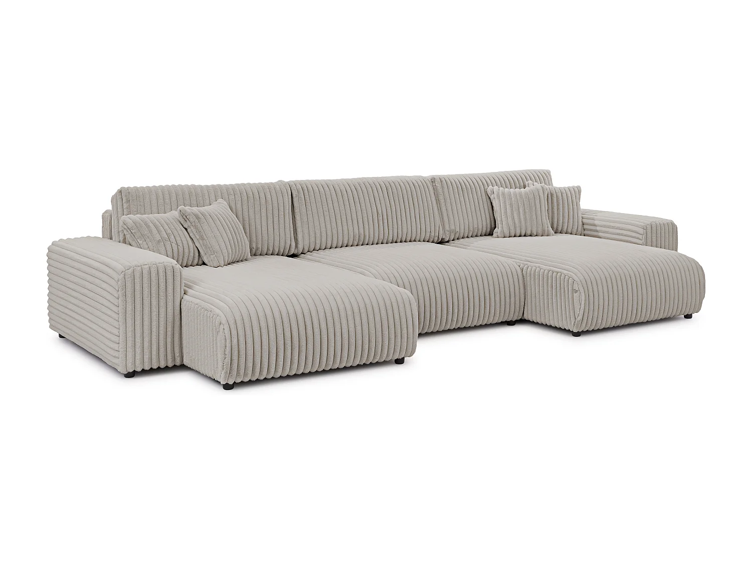 Canapé panoramique avec fonction couchage et coffre de rangement en velours côtelé pelucheux gris clair MOLLIS