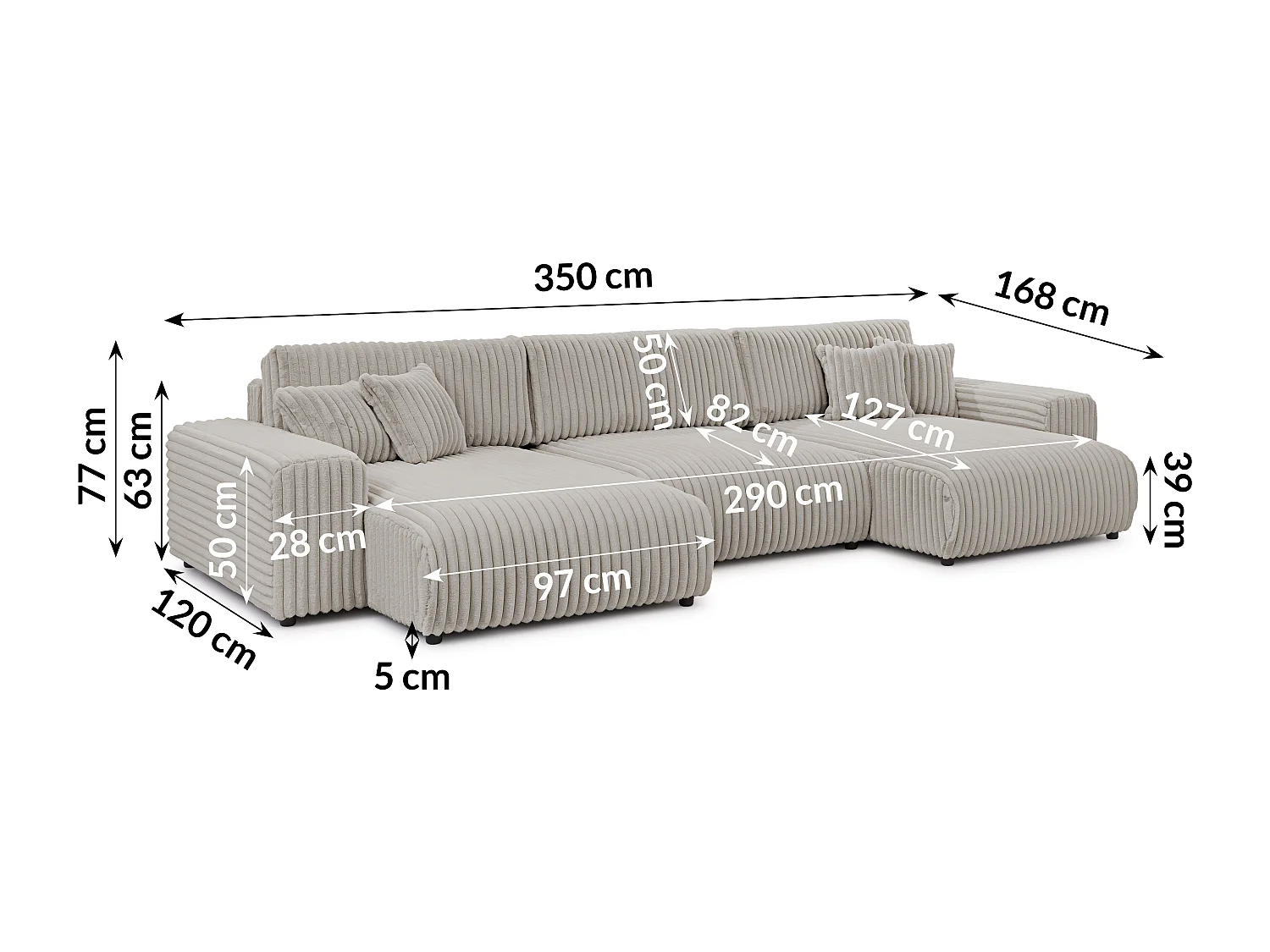 Canapé panoramique avec fonction couchage et coffre de rangement en velours côtelé pelucheux gris clair MOLLIS