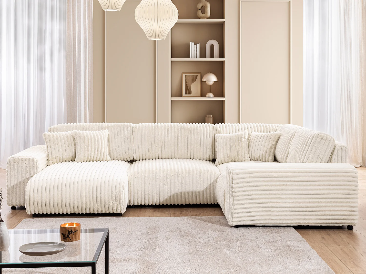 Canapé panoramique XXL avec fonction couchage et coffre de rangement en velours côtelé pelucheux beige clair MOLLIS