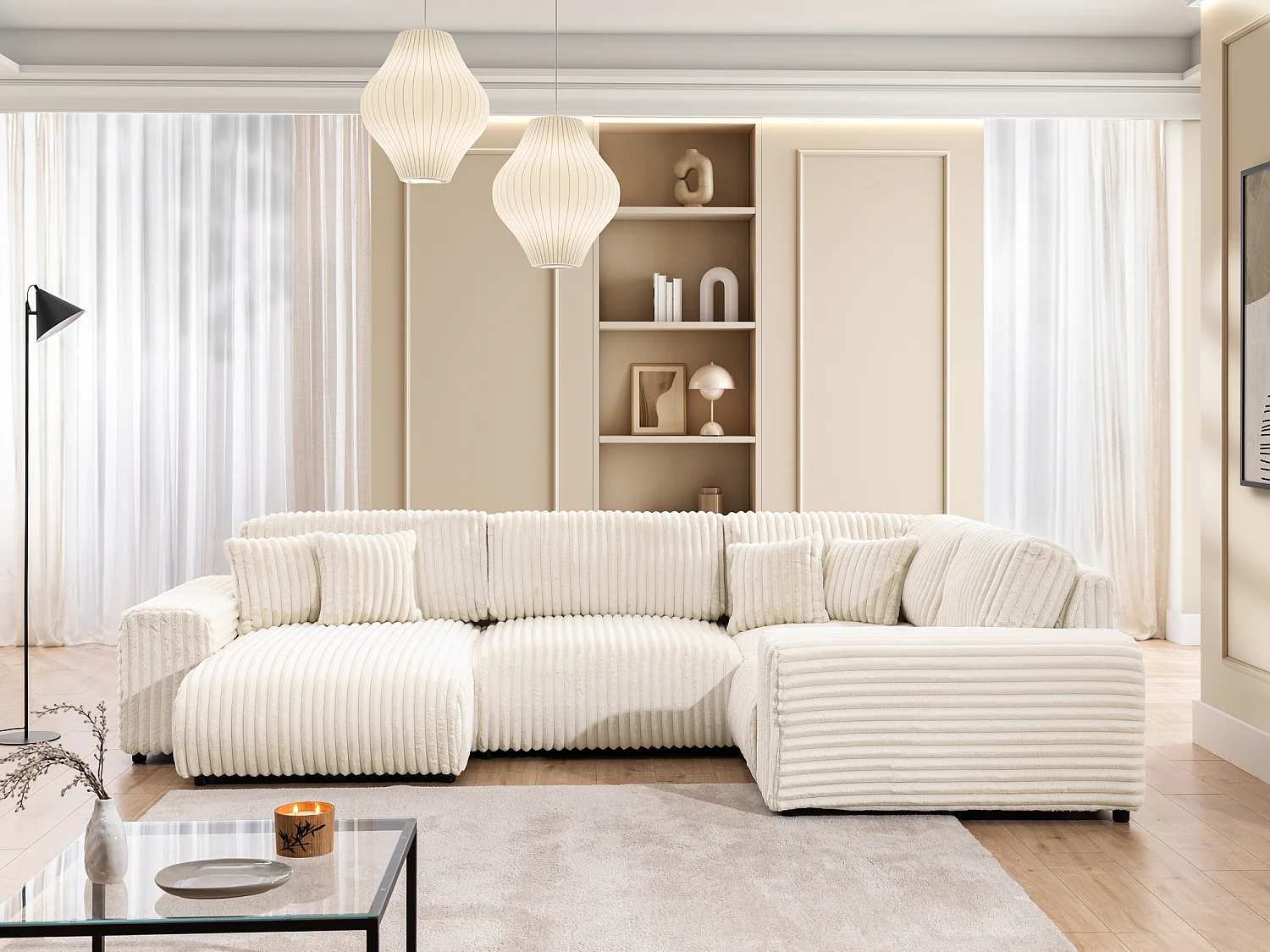 Canapé panoramique XXL avec fonction couchage et coffre de rangement en velours côtelé pelucheux beige clair MOLLIS