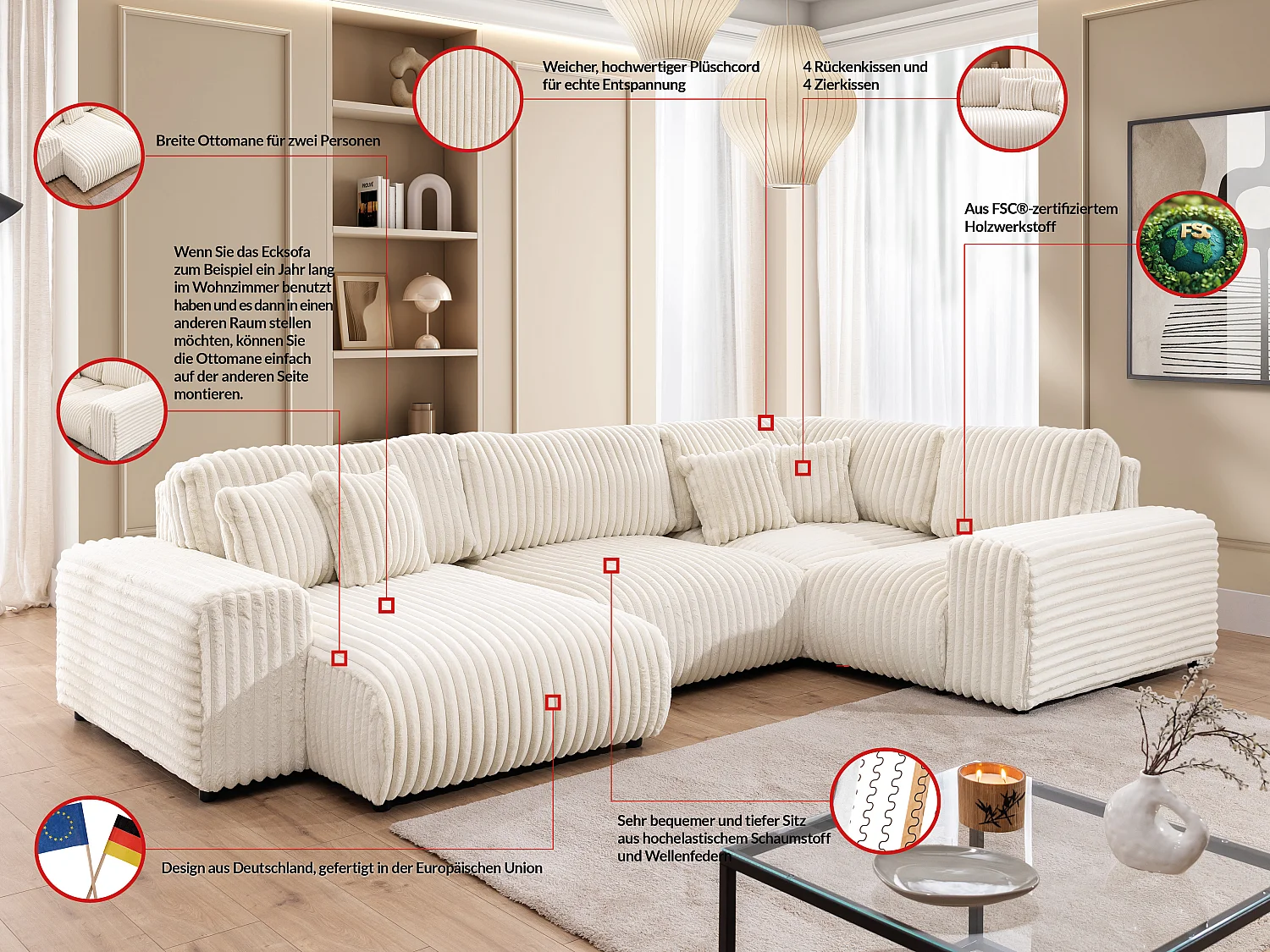 Canapé panoramique XXL avec fonction couchage et coffre de rangement en velours côtelé pelucheux beige clair MOLLIS