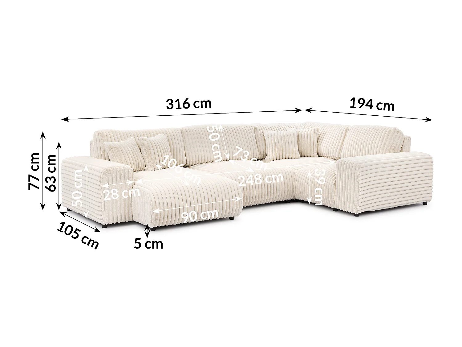 Canapé panoramique XXL avec fonction couchage et coffre de rangement en velours côtelé pelucheux beige clair MOLLIS