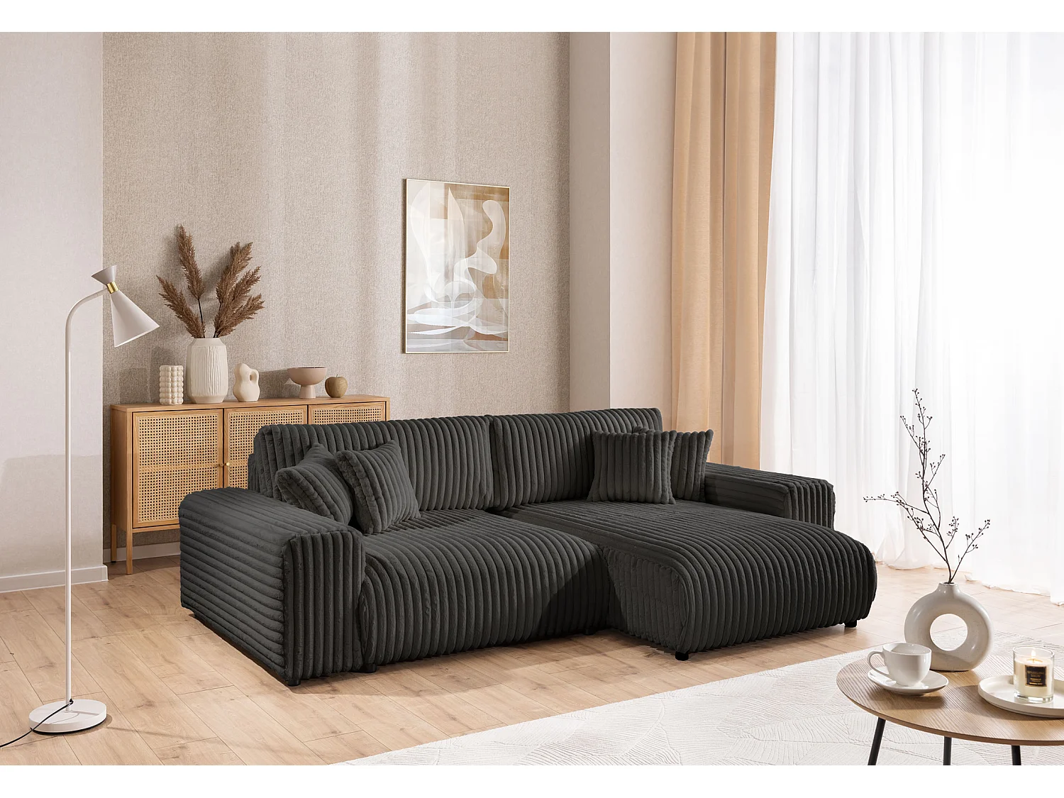 Canapé d’angle avec fonction couchage et coffre de rangement en velours côtelé pelucheux gris foncé MOLLIS