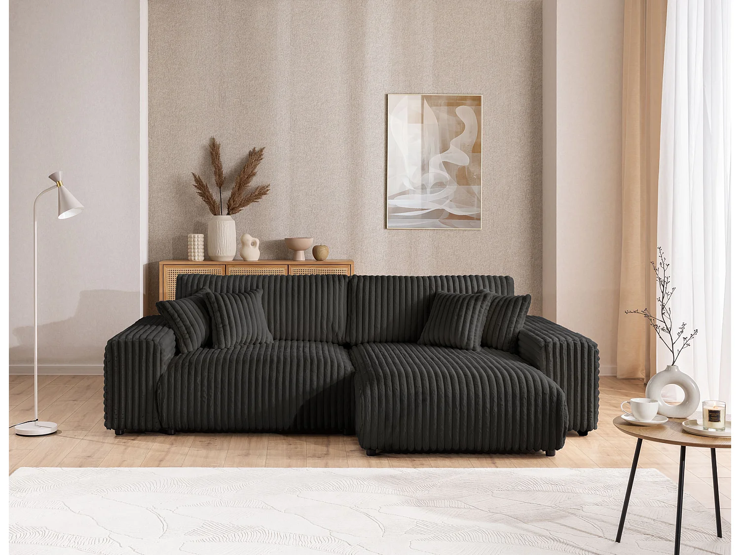 Canapé d’angle avec fonction couchage et coffre de rangement en velours côtelé pelucheux gris foncé MOLLIS