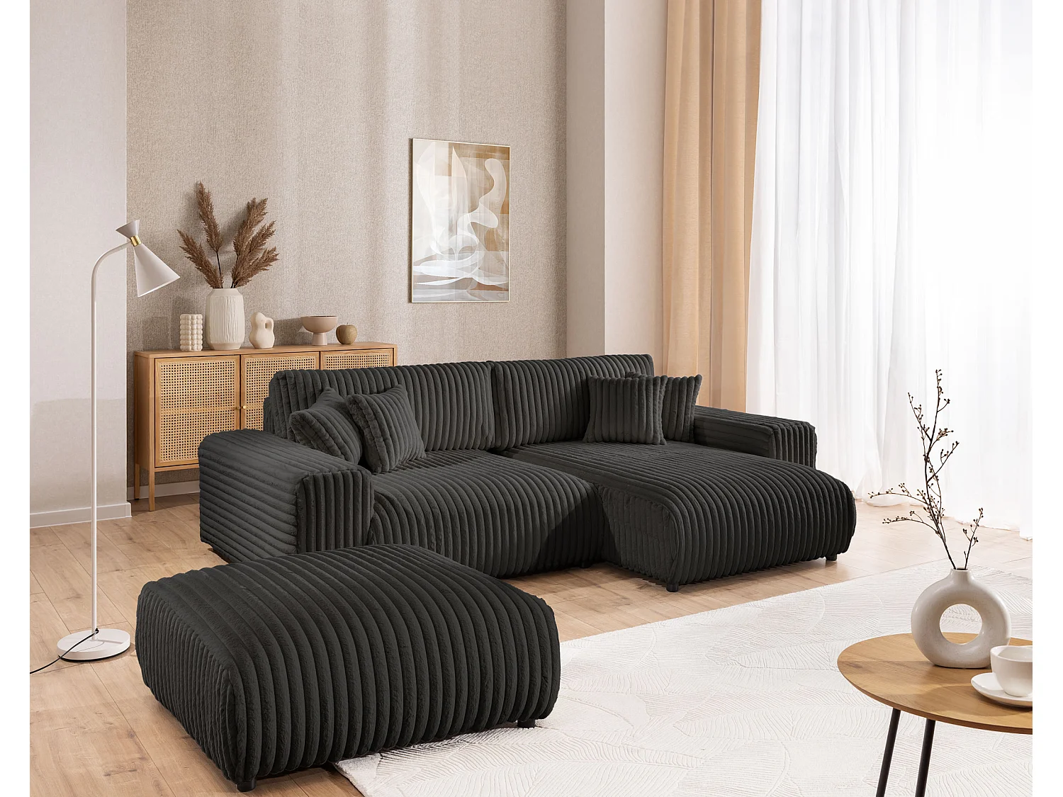 Canapé d’angle avec fonction couchage et coffre de rangement en velours côtelé pelucheux gris foncé MOLLIS