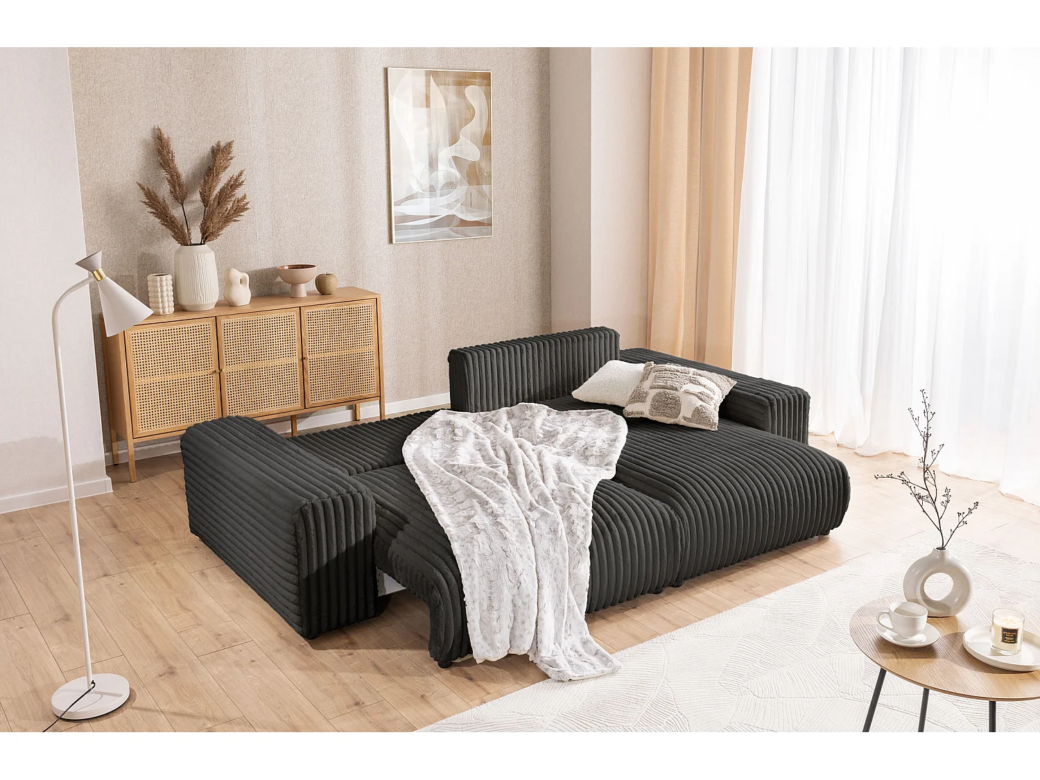 Canapé d’angle avec fonction couchage et coffre de rangement en velours côtelé pelucheux gris foncé MOLLIS