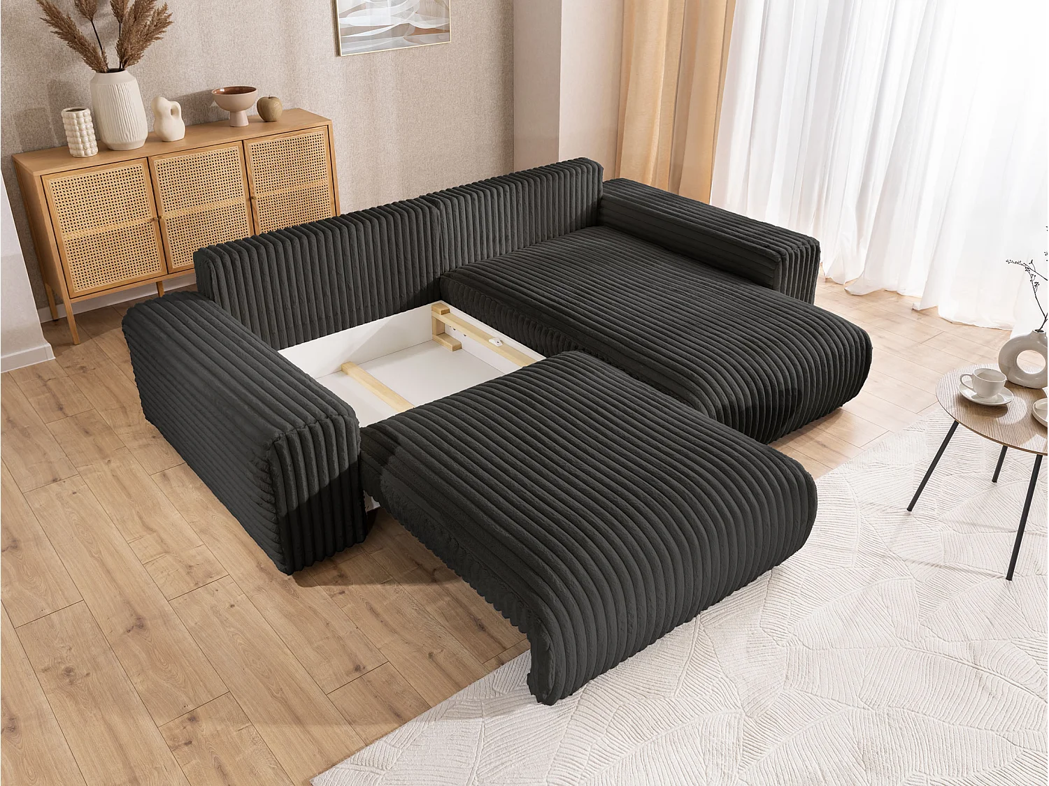 Canapé d’angle avec fonction couchage et coffre de rangement en velours côtelé pelucheux gris foncé MOLLIS