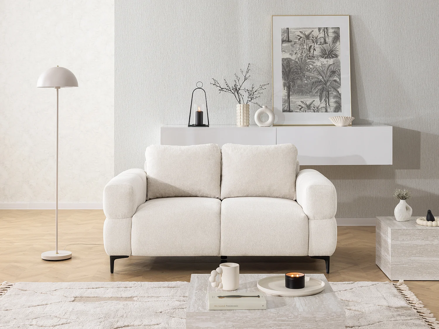 Canapé 2 places au style bubble en tissu structuré crème doux CARDEA