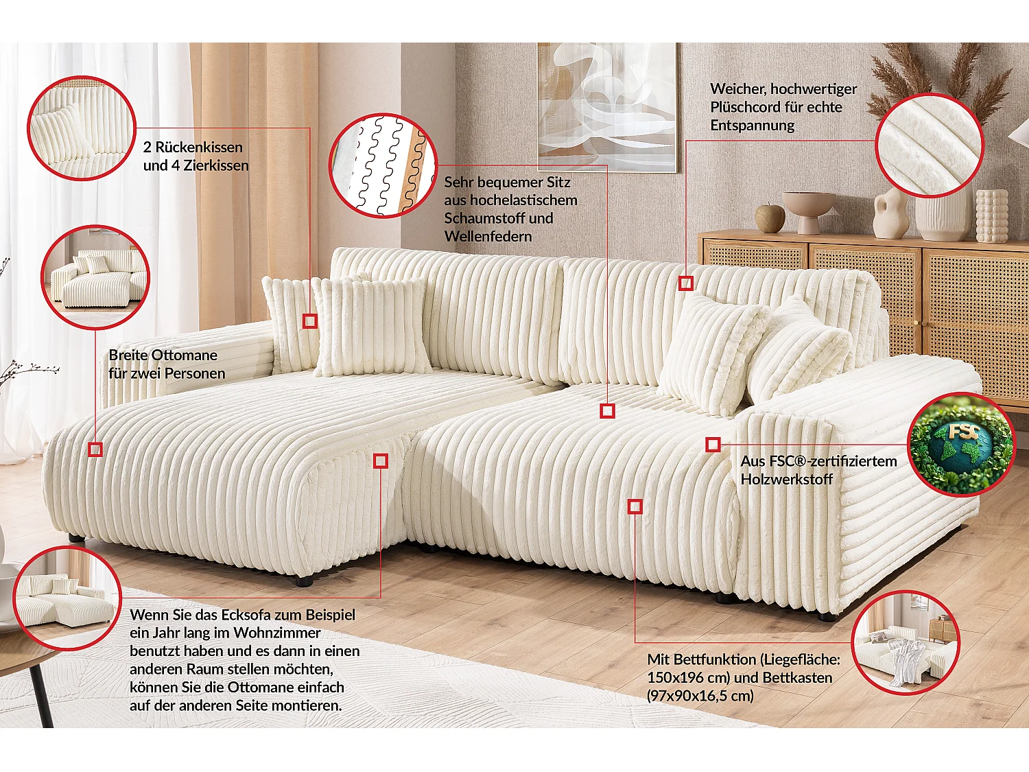 Canapé d’angle avec fonction couchage et coffre de rangement en velours côtelé pelucheux beige clair MOLLIS