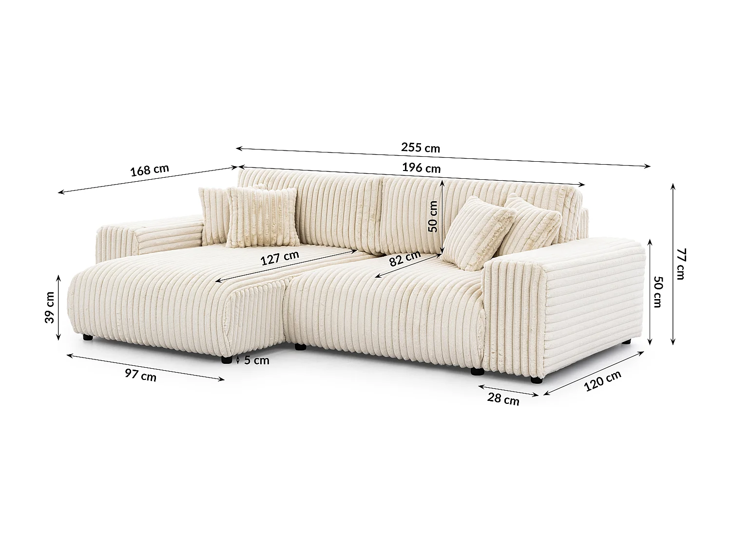 Canapé d’angle avec fonction couchage et coffre de rangement en velours côtelé pelucheux beige clair MOLLIS