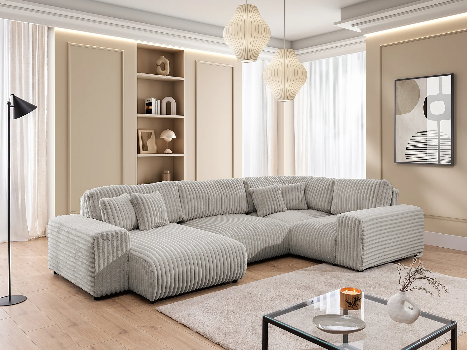 Canapé panoramique XXL avec fonction couchage et coffre de rangement en velours côtelé pelucheux gris clair MOLLIS