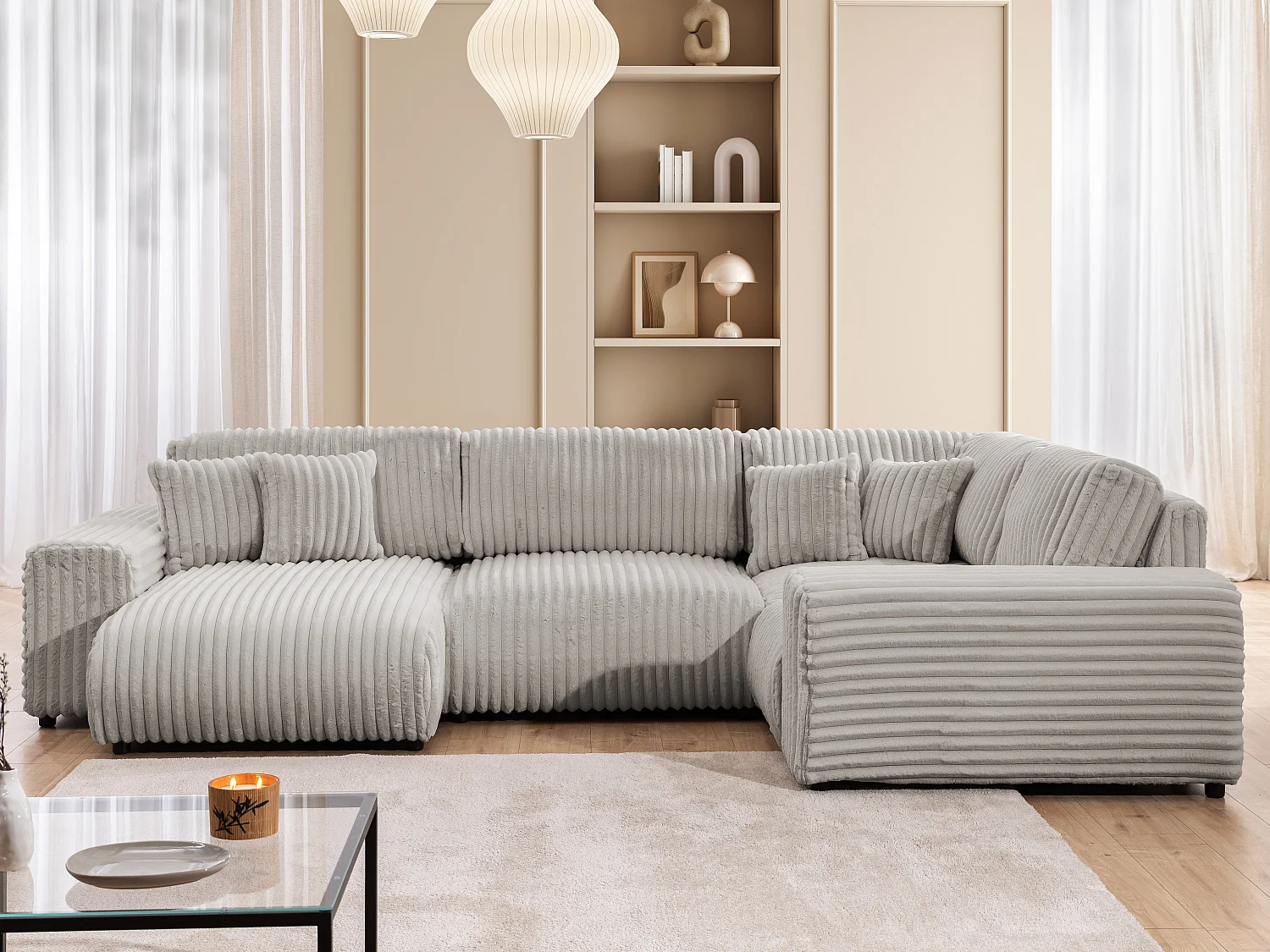 Canapé panoramique XXL avec fonction couchage et coffre de rangement en velours côtelé pelucheux gris clair MOLLIS