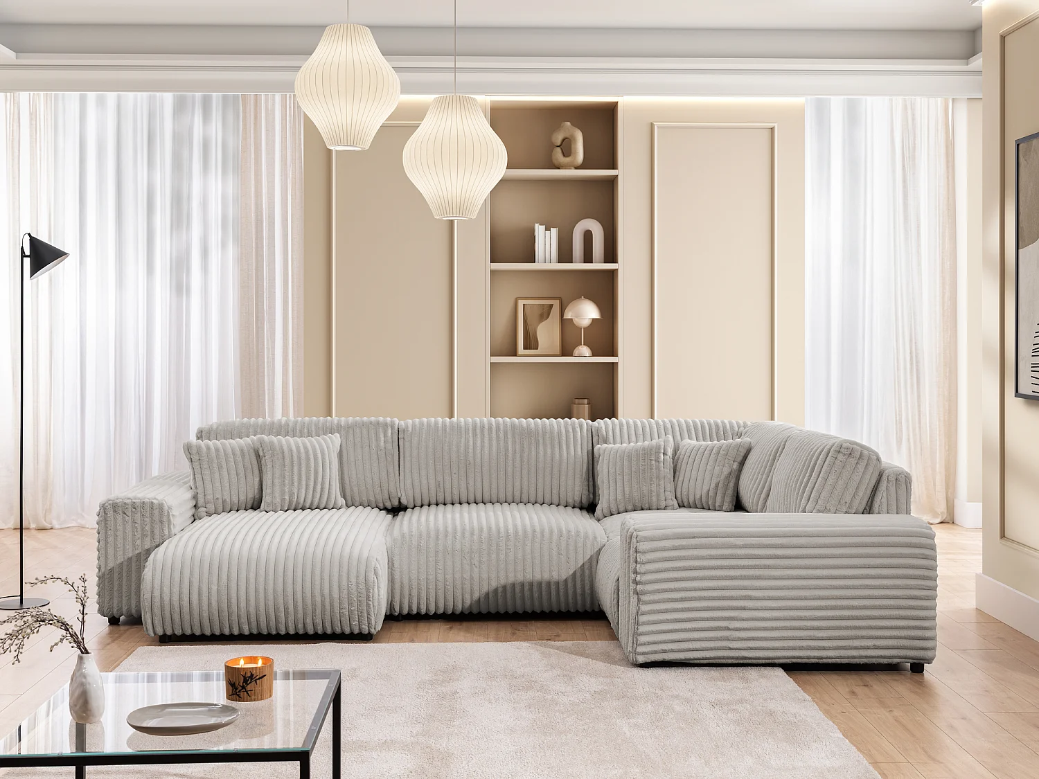 Canapé panoramique XXL avec fonction couchage et coffre de rangement en velours côtelé pelucheux gris clair MOLLIS