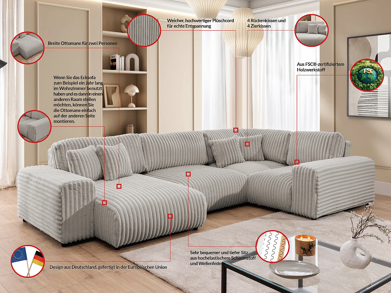 Canapé panoramique XXL avec fonction couchage et coffre de rangement en velours côtelé pelucheux gris clair MOLLIS