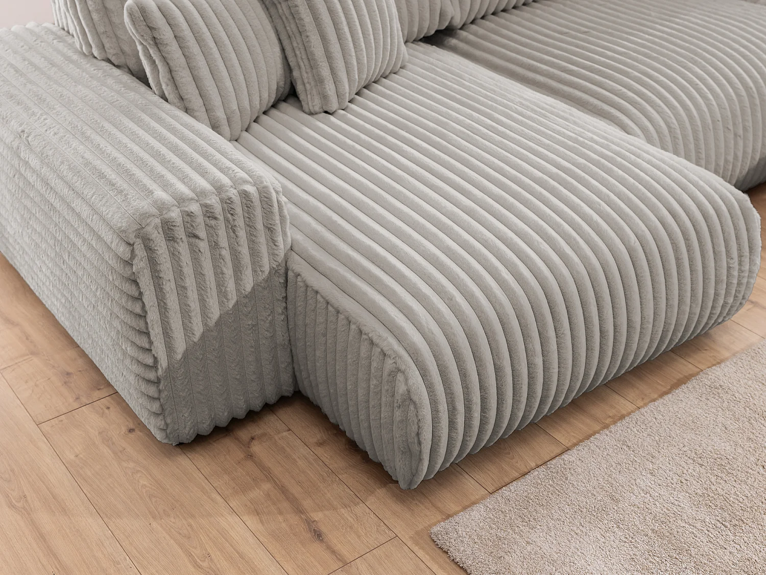 Canapé panoramique XXL avec fonction couchage et coffre de rangement en velours côtelé pelucheux gris clair MOLLIS