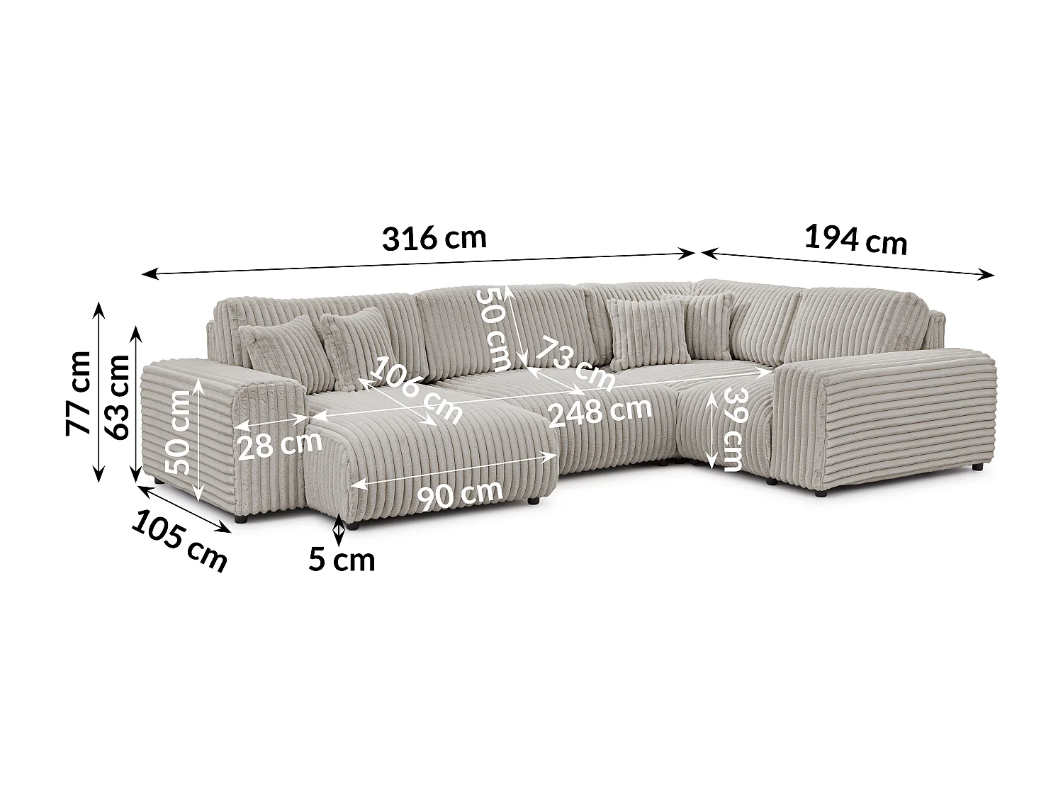 Canapé panoramique XXL avec fonction couchage et coffre de rangement en velours côtelé pelucheux gris clair MOLLIS