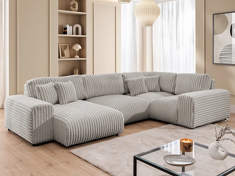 Canapé panoramique XXL avec fonction couchage et coffre de rangement en velours côtelé pelucheux gris clair MOLLIS