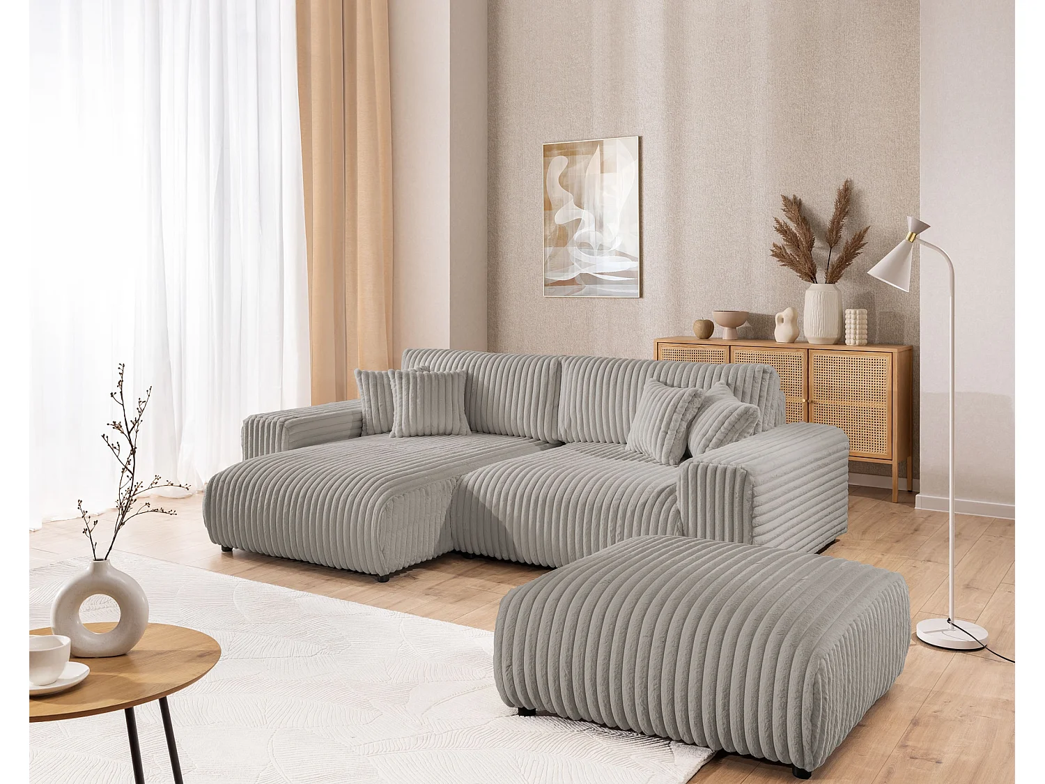 Canapé d’angle avec fonction couchage et coffre de rangement en velours côtelé pelucheux gris clair MOLLIS