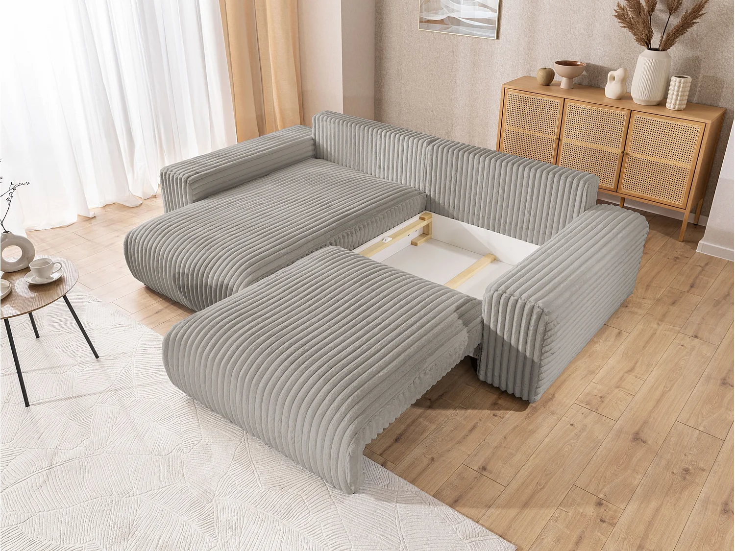 Canapé d’angle avec fonction couchage et coffre de rangement en velours côtelé pelucheux gris clair MOLLIS