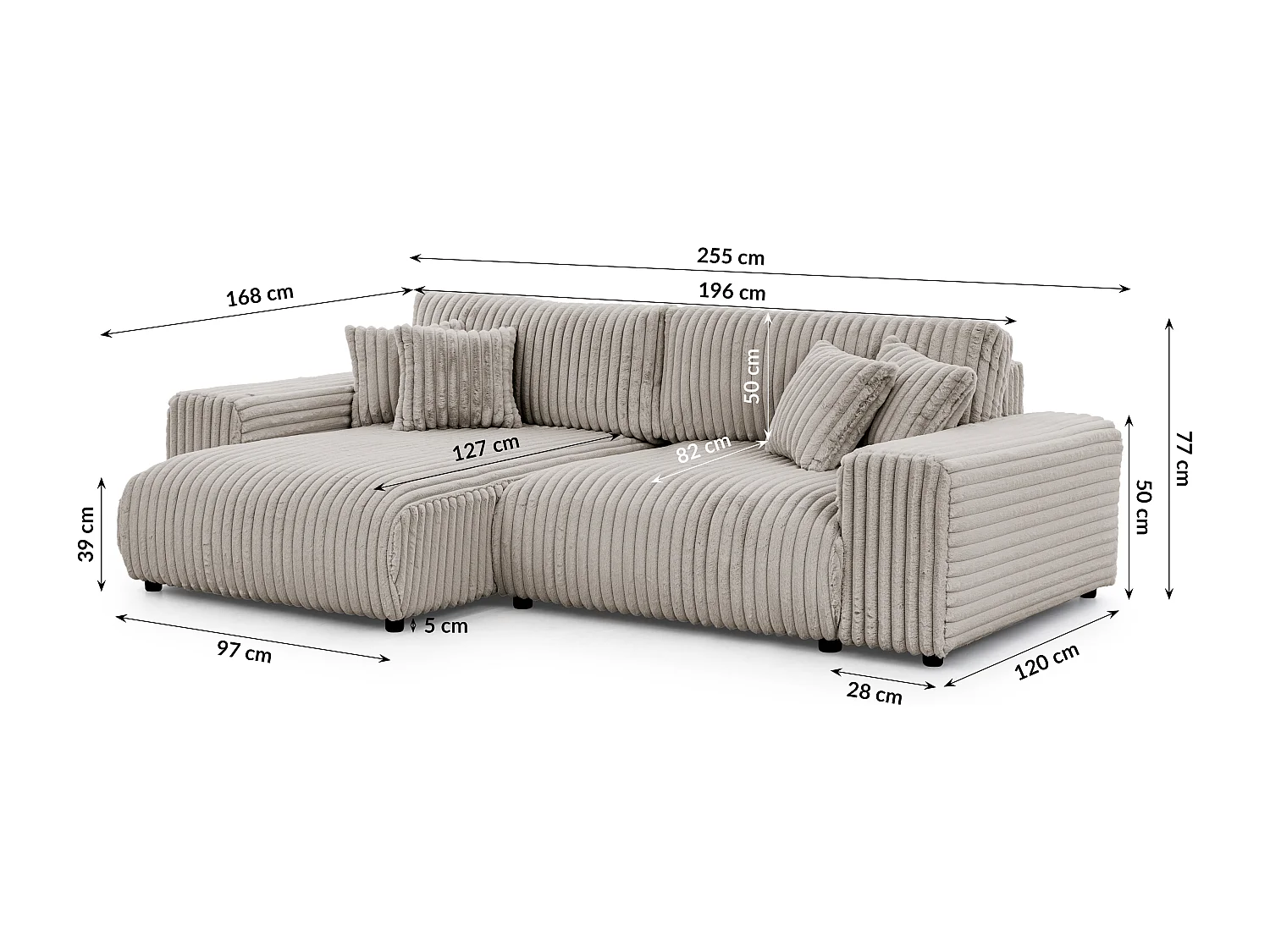 Canapé d’angle avec fonction couchage et coffre de rangement en velours côtelé pelucheux gris clair MOLLIS