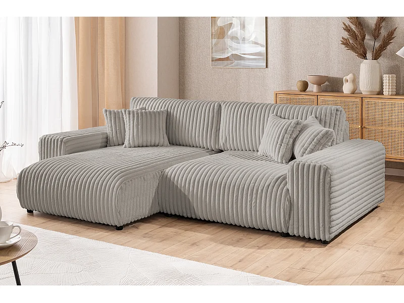 Canapé d’angle avec fonction couchage et coffre de rangement en velours côtelé pelucheux gris clair MOLLIS