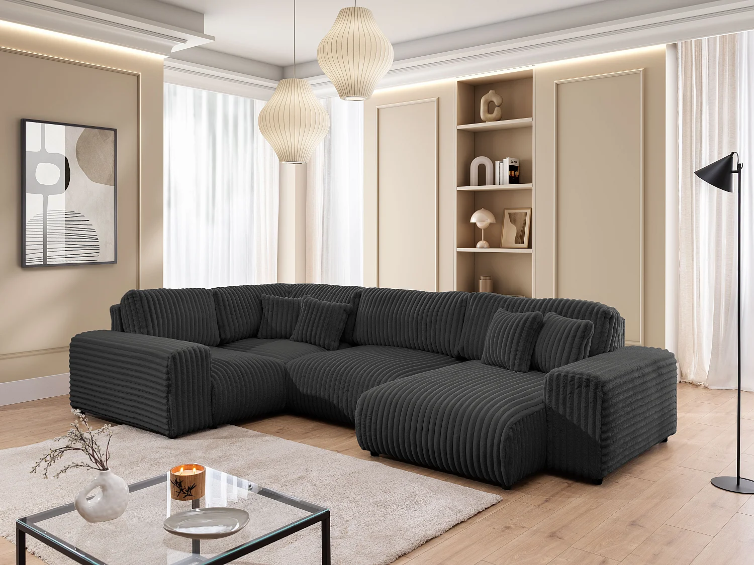 Canapé panoramique XXL avec fonction couchage et coffre de rangement en velours côtelé pelucheux gris foncé MOLLIS