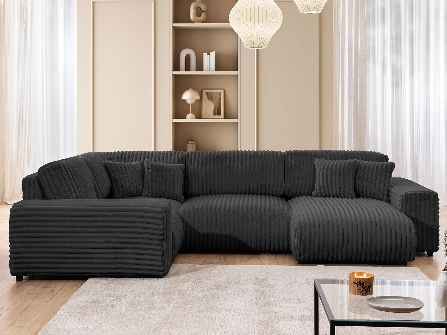 Canapé panoramique XXL avec fonction couchage et coffre de rangement en velours côtelé pelucheux gris foncé MOLLIS