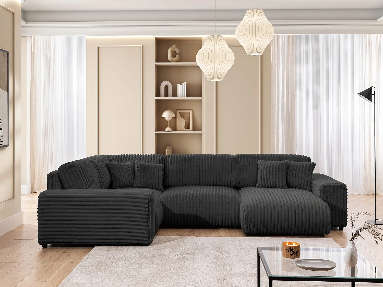 Canapé panoramique XXL avec fonction couchage et coffre de rangement en velours côtelé pelucheux gris foncé MOLLIS