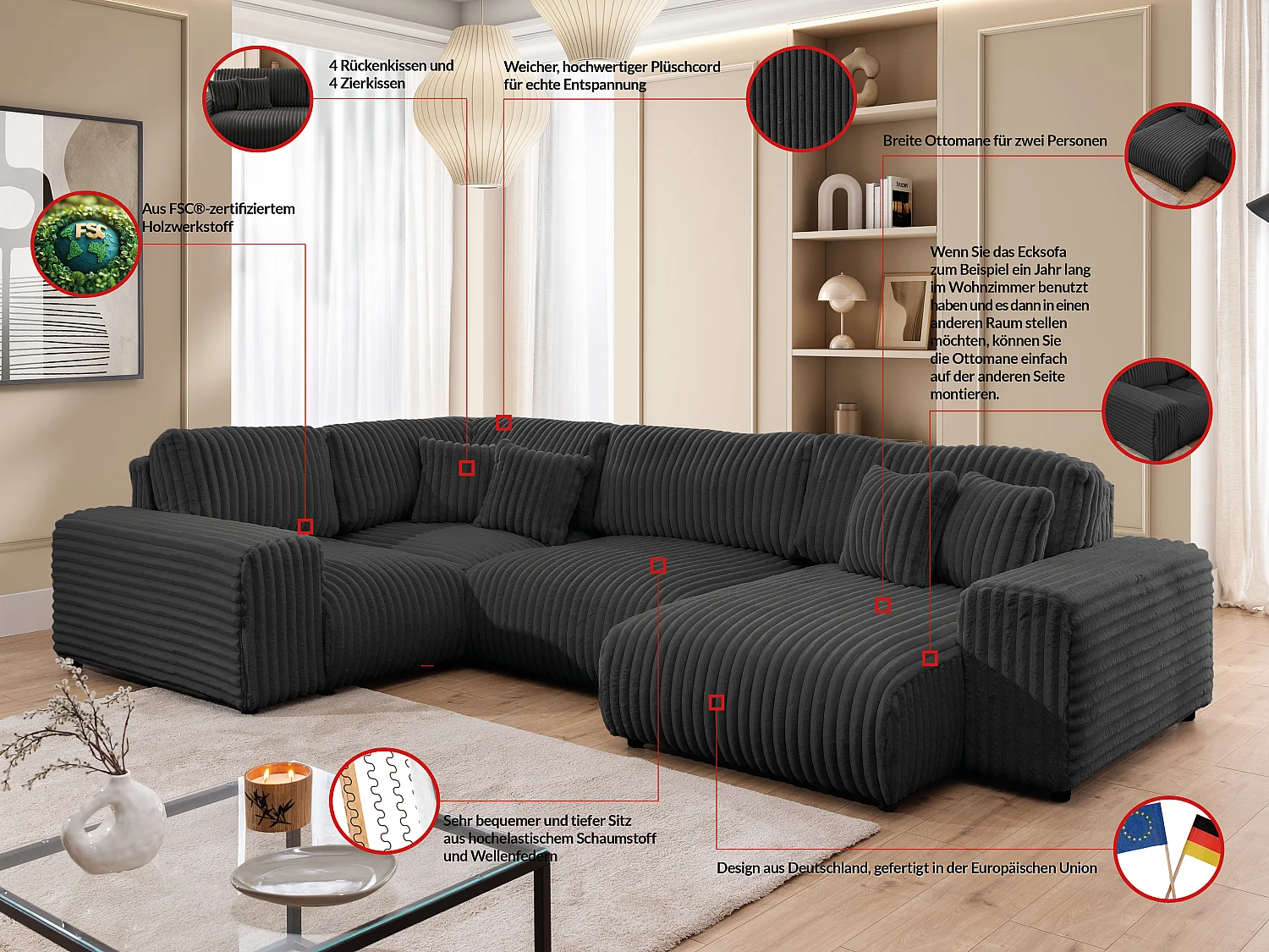 Canapé panoramique XXL avec fonction couchage et coffre de rangement en velours côtelé pelucheux gris foncé MOLLIS