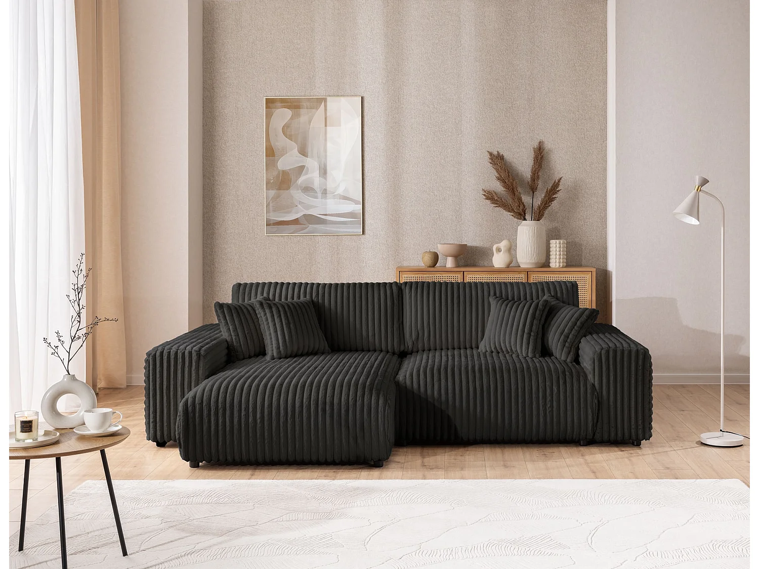 Canapé d’angle avec fonction couchage et coffre de rangement en velours côtelé pelucheux gris foncé MOLLIS