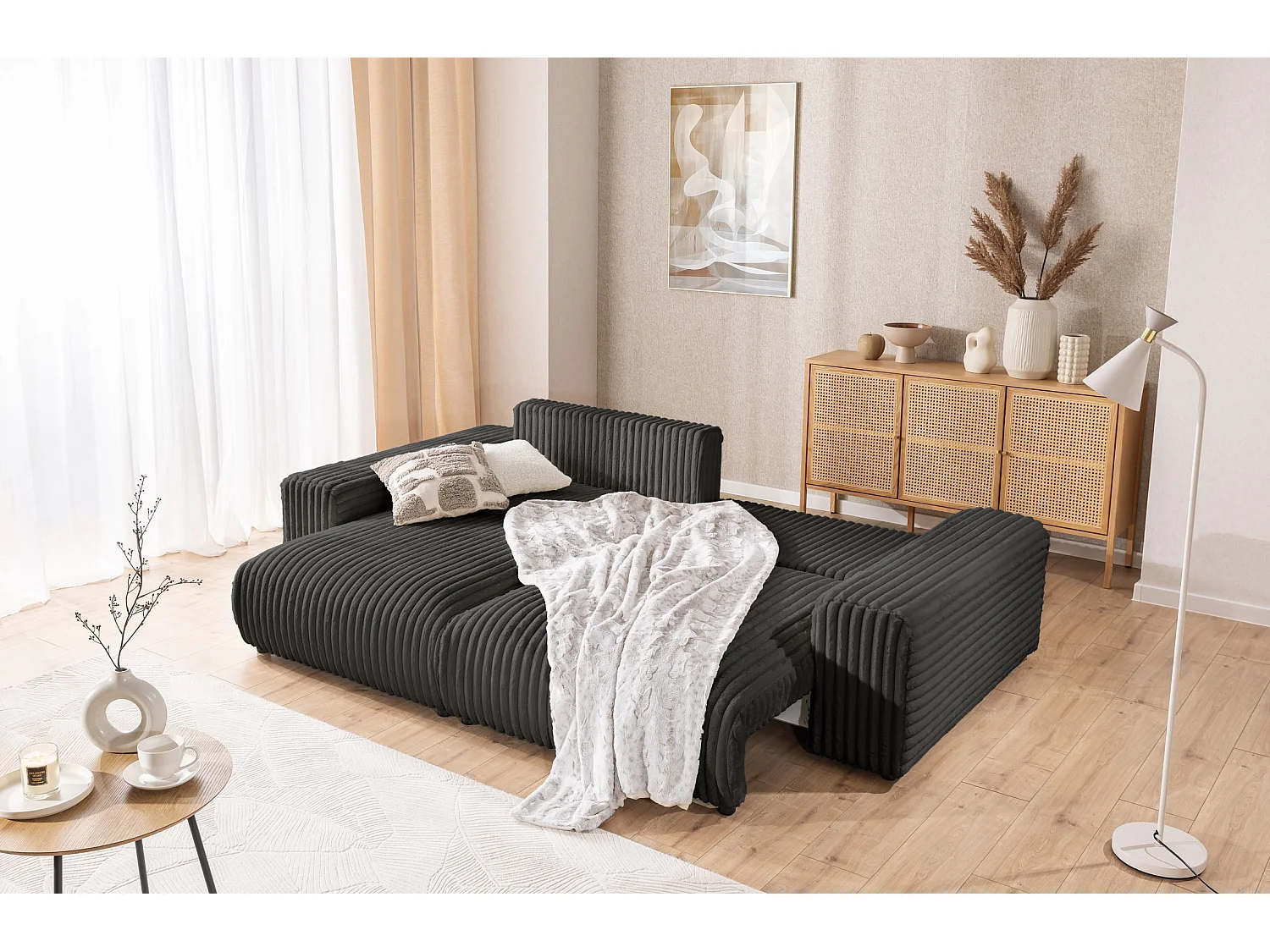 Canapé d’angle avec fonction couchage et coffre de rangement en velours côtelé pelucheux gris foncé MOLLIS