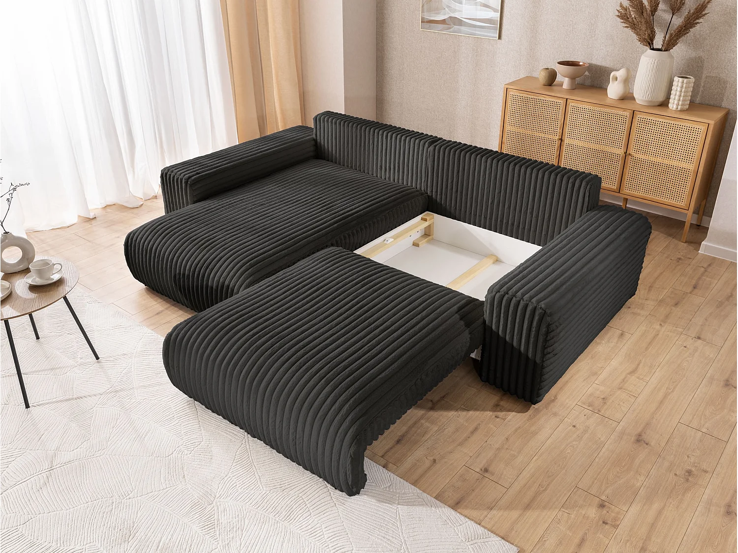 Canapé d’angle avec fonction couchage et coffre de rangement en velours côtelé pelucheux gris foncé MOLLIS