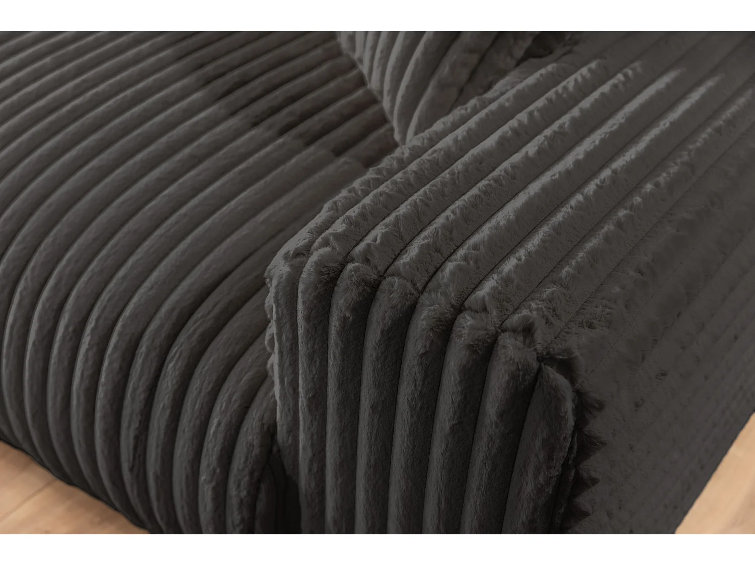 Canapé d’angle avec fonction couchage et coffre de rangement en velours côtelé pelucheux gris foncé MOLLIS