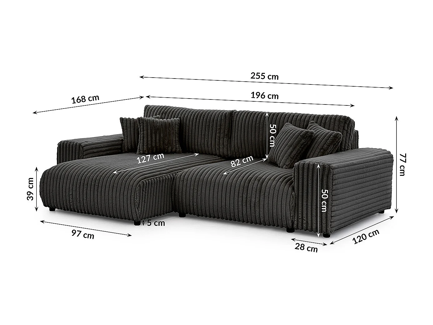 Canapé d’angle avec fonction couchage et coffre de rangement en velours côtelé pelucheux gris foncé MOLLIS