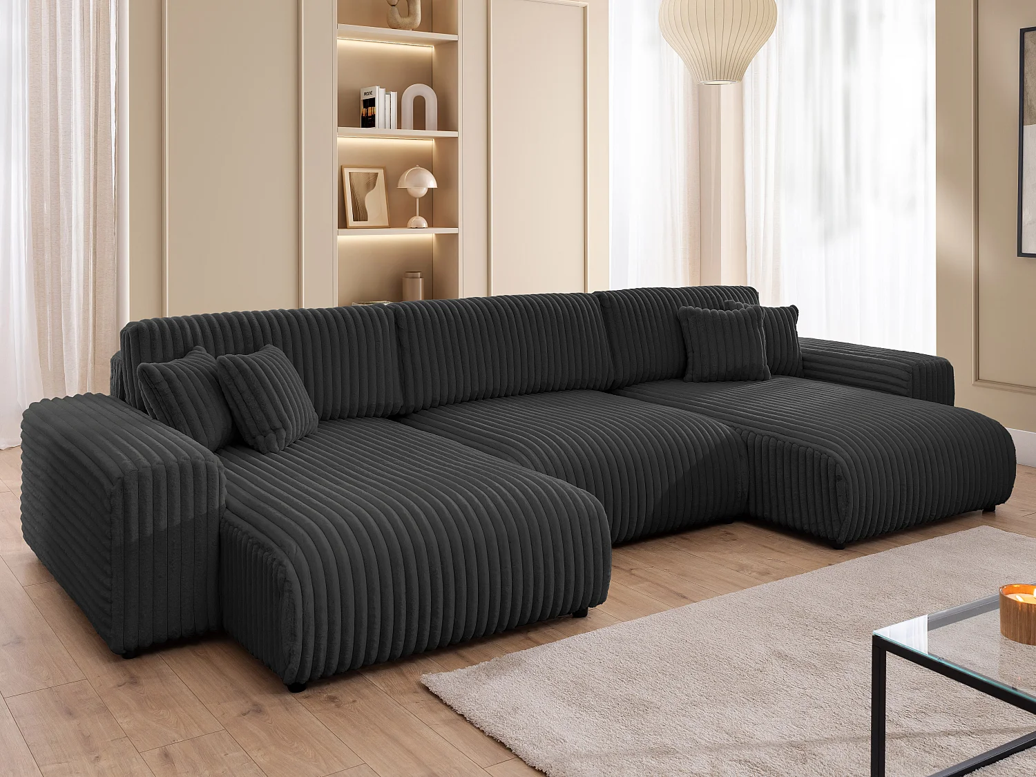 Canapé panoramique avec fonction couchage et coffre de rangement en velours côtelé pelucheux gris foncé MOLLIS